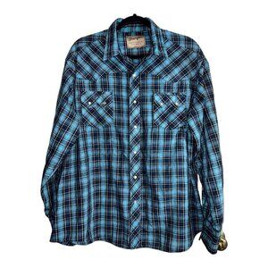 WRANGLER Western Pearl Snap Mens XL Blue Plaid Button Up Long Sleeve Shirt